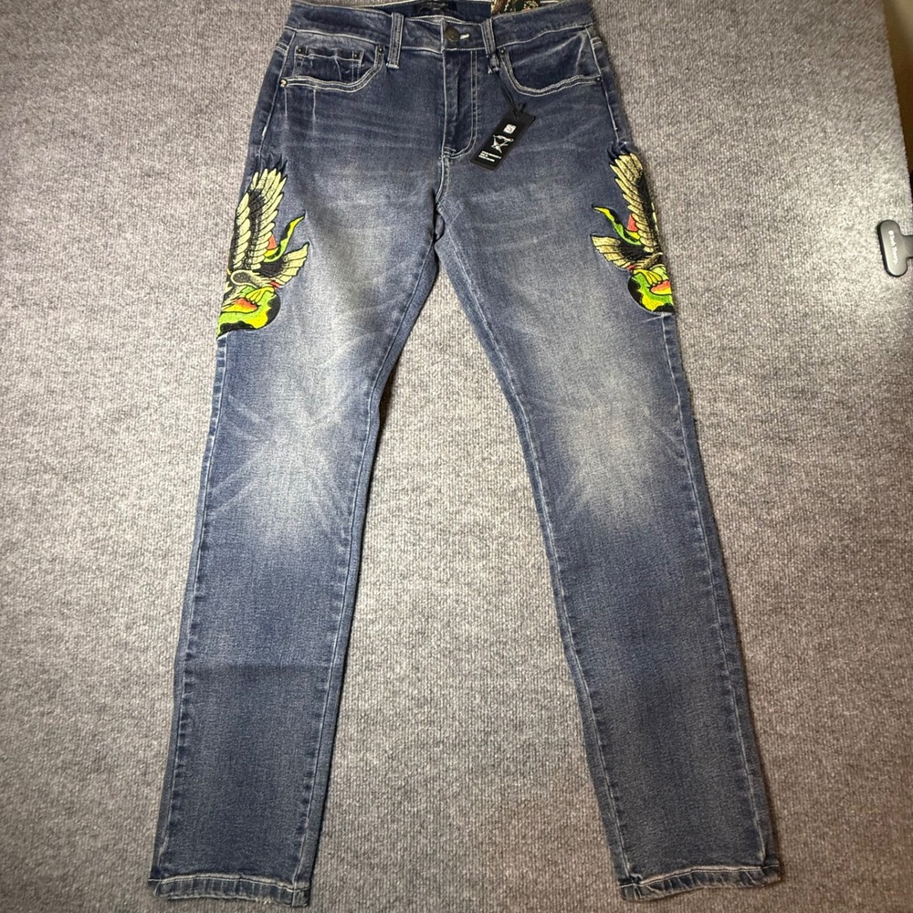 Ed Hardy Mens Slim Straight Embroidered Eagle Snake Jeans Y2K Med 30 MEHD8301-8